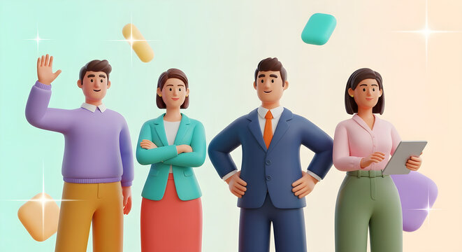 3D rendered illustration of a diverse group of business professionals, smiling and posing for a photo.