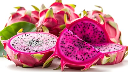 Sliced and whole dragon fruit on white surface