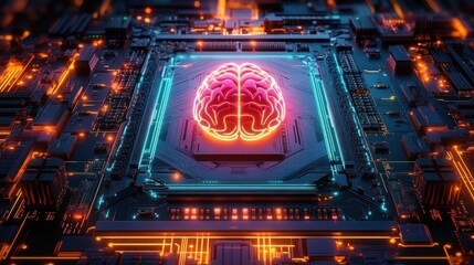 Glowing neon brain symbol integrated into a high-tech microchip circuit board emitting vibrant blue and orange lights illustrating artificial intelligence and cognitive computing