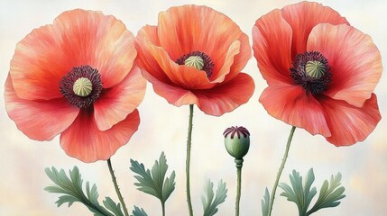 Obraz premium Three vibrant orange poppy flowers and two seed pods with green leaves on pale background evoking tranquility and natural beauty
