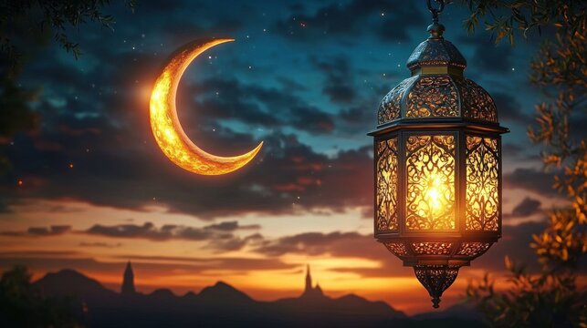 Intricately designed glowing lantern hanging outdoors at dusk with a bright crescent moon in a dramatic cloudy sky over distant mountains