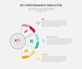 KPI key performance indicator infographic outline style with half circle shape like fan shape 3 point template with for slide presentation
