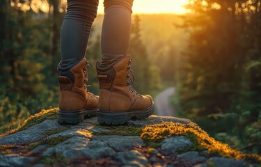 Close-up of person wearing brown hiking boots standing on moss-covered rock overlooking forest trail at golden hour with warm sunlight