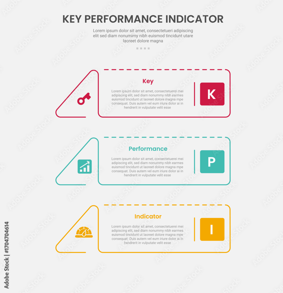 Aufkleber KPI key performance indicator infographic outline style with creative rectangle with triangle edge 3 point template with for slide presentation