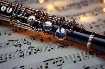 Fototapeta premium Close-up of a clarinet resting on sheet music with warm lighting, evoking a calm and artistic atmosphere