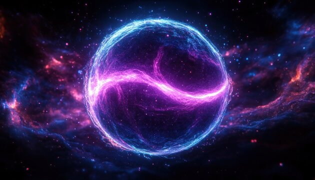 Glowing spherical energy field with swirling blue and purple light waves in a cosmic space environment