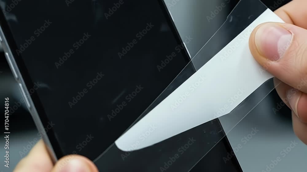 Poster removing screen protector from phone display close up showing hands