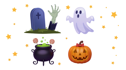 Spooky Halloween icons featuring a tombstone with a zombie hand, a friendly ghost, a bubbling cauldron, and a grinning jack-o'-lantern, perfect for festive designs.