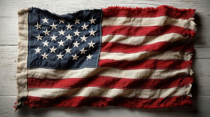 Memorial Veterans Labor And Independence Day Celebration With US Flag On Rustic White Wood