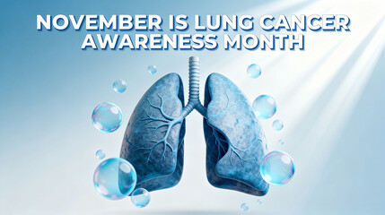 The blue lung model and bubbles, the concept of lung health and freshness in lung cancer prevention and treatment, are used in the November lung cancer awareness month promotion scene.
