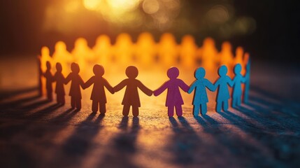 Circle of diverse paper cutout figures holding hands with dramatic light and shadow creating a sense of unity and togetherness