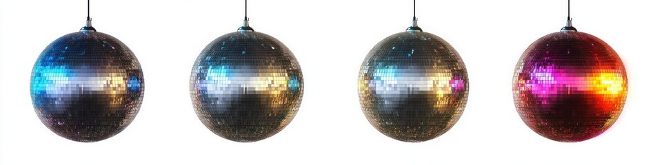 Four disco balls hanging in a row with reflections of colorful lights on a white background, creating a festive and vibrant atmosphere