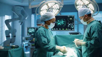 Diverse team of professional surgeons performing a complex operation in a futuristic, high-tech operating room - Powered by Adobe