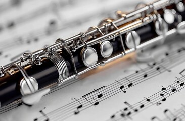 Naklejka premium Close-up of a black clarinet resting on sheet music with musical notes, highlighting shiny metal keys and a smooth wood body under soft lighting