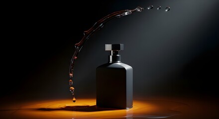 Moody, dramatic shot of a luxury perfume bottle on a dark amber resin background. The bottle is opaque black glass with a silver stopper. A single splash of iridescent, oil-slick liquid arcs through t
