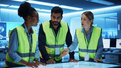 Diverse Team of Industrial Engineers Collaborating Around a Digital Table in a Modern Control Room - Powered by Adobe