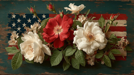 American Flag With White Roses Laid On Wooden Background Celebrating Memorial And National Holidays