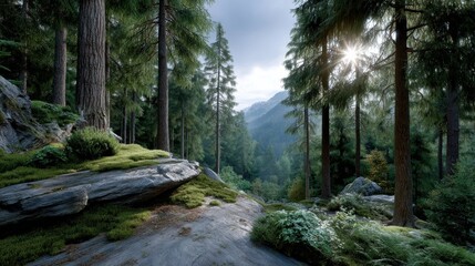 Obraz premium A Cinematic View of a Serene Forest Illuminated by Soft Golden Sunlight Among Tall Trees and Rocky Outcrops in Nature's Embrace