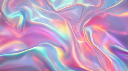 Obraz premium Close-up view of smooth, flowing fabric with iridescent shimmer displaying a rainbow of pastel colors including pink, purple, blue, and yellow, evoking a dreamy and ethereal feeling