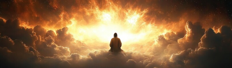 Obraz premium Silhouette of a person sitting in meditation on clouds surrounded by fiery glowing light and dramatic orange clouds evoking a sense of peace and transcendence