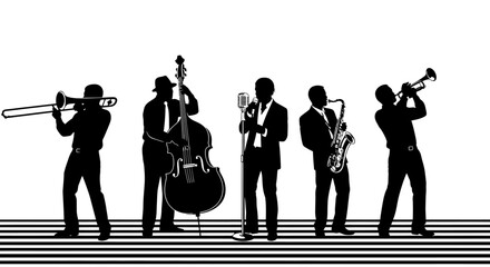 Silhouetted Jazz Band Performing with Trombone, Bass, Saxophone, Trumpet, and Microphone