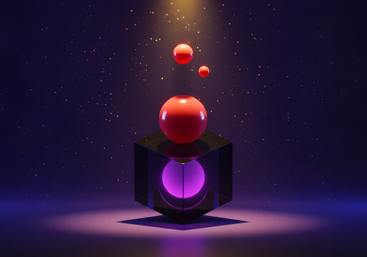 Abstract 3D render of red spheres balancing on a glowing cube with purple and yellow light, against a dark, starry background.