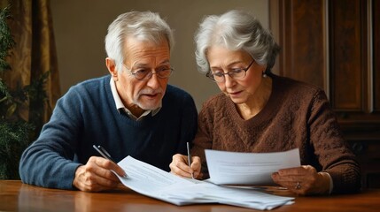 Senior couple with gray hair and glasses sitting at a wooden table focused on reviewing and signing documents together