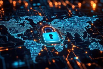 Glowing digital world map with a central locking pad symbolizing global cybersecurity and data protection in a futuristic electronic interface