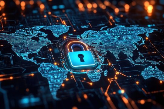 Glowing digital world map with a central locking pad symbolizing global cybersecurity and data protection in a futuristic electronic interface