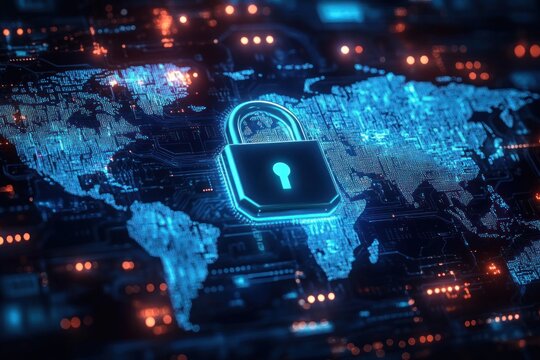 Digital world map with glowing lock symbolizing global cybersecurity and data protection in a futuristic technology environment