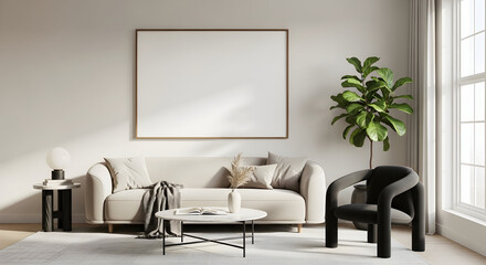 Modern minimalist living room interior design mockup with beige sofa and black armchair