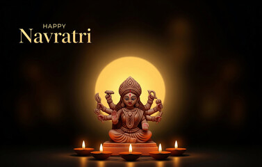 Navratri poster-Realistic minimalistic poster of Maa Durga idol, dark blurred background with golden glow, elegant modern typography reading ‘Happy Navratri’