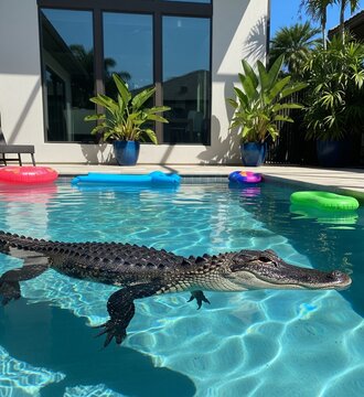 an alligator swimming in a outdoor pool 