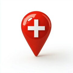 Obraz premium Shiny red map marker pin with white cross symbol on a clean white background