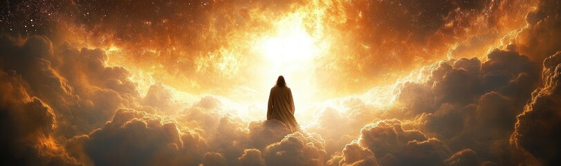 Fototapeta premium Silhouetted figure standing on illuminated clouds facing a bright glowing sun with dramatic fiery sky surrounding