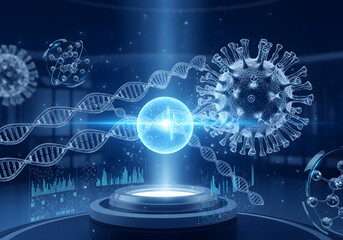 Futuristic visualization of virology research showing coronavirus cells, DNA strands, and a glowing central nucleus on a digital interface.