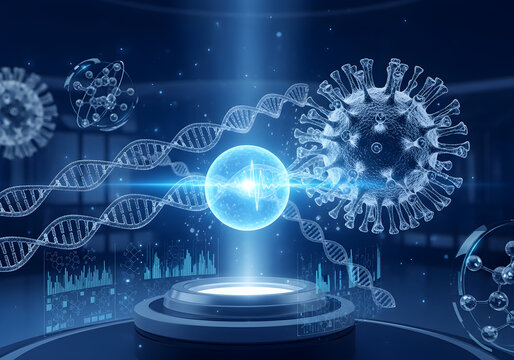 Futuristic visualization of virology research showing coronavirus cells, DNA strands, and a glowing central nucleus on a digital interface.