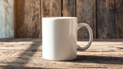 White coffee mug on weathered wooden table. Commercial mockup template
