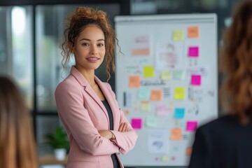 Confident young woman in a pink blazer standing with arms crossed in a modern office with a whiteboard covered in colorful sticky notes, smiling warmly at colleagues