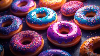 Assorted colorful donuts with bright blue, purple, and pink icing topped with multi-colored sprinkles displaying a vibrant and appealing confectionery scene