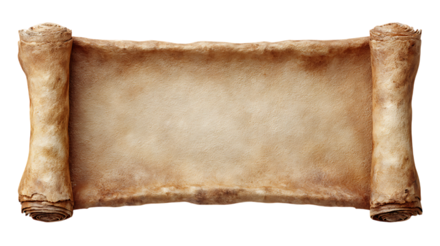 Vintage parchment scroll with rolled edges on white background.