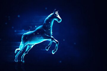 Portrait of shiny horse on dark blue background