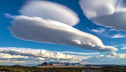 Spectacular Lenticular Clouds Floating Over a Vast Mountain Landscape.