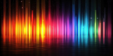 Vibrant vertical light bars reflecting on a glossy surface with a spectrum of colors ranging from warm orange and yellow to cool blue and green under a starry background