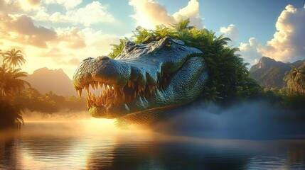 A massive crocodile head covered with greenery and plants emerging from misty water at sunrise with tropical landscape and mountains in the background