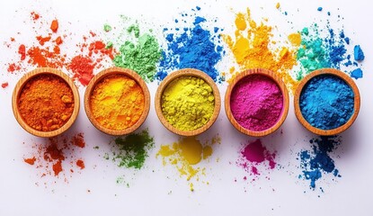 Bright multicolor powder pigments in wooden bowls arranged in a row on a white surface with scattered powder splashes creating a vibrant and artistic display