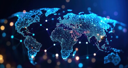Digital world map highlighting global connectivity with glowing network lines and nodes against a dark blue background, symbolizing technology and communication