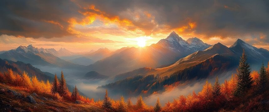 Sunrise over misty mountainous landscape with pine trees and autumn foliage glowing in the warm light under dramatic clouds