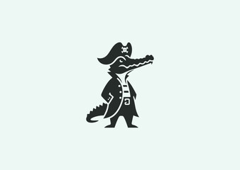 A simple minimalist silhouette logo of a crocodile in a pirate outfit, symbolizing adventure, cunning, strength, and boldness