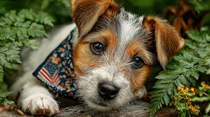 Cute dog with usa national flag in park celebrating memorial day with freedom spirit